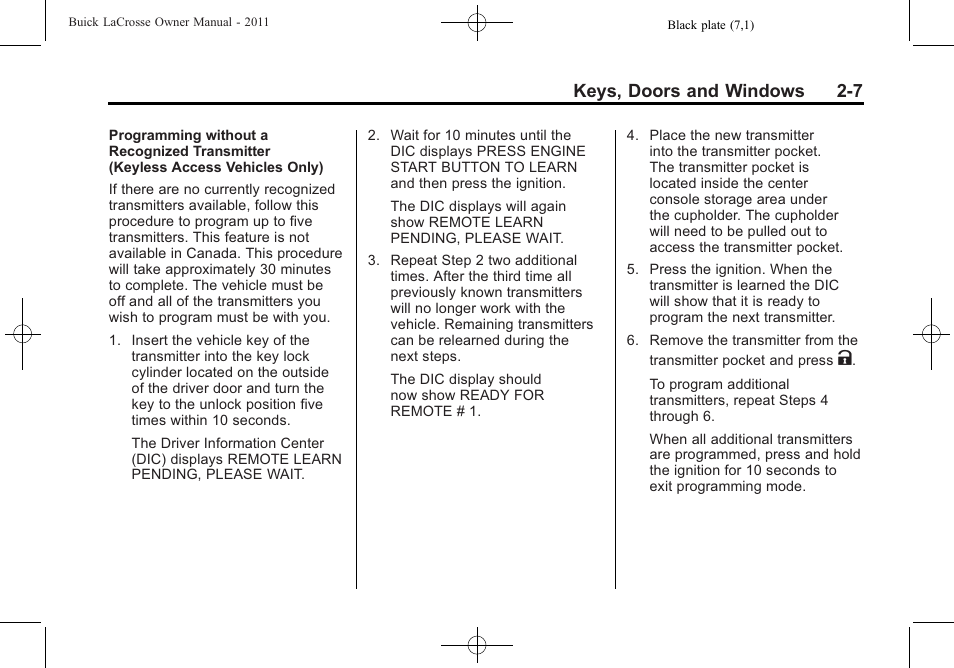 Keys, doors and windows 2-7 | Buick 2011 Lacrosse User Manual | Page 39 / 462