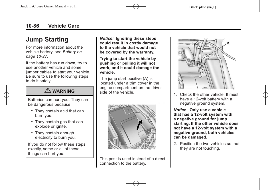 Jump starting, Jump starting -86, Starting -86 | 86 vehicle care | Buick 2011 Lacrosse User Manual | Page 398 / 462