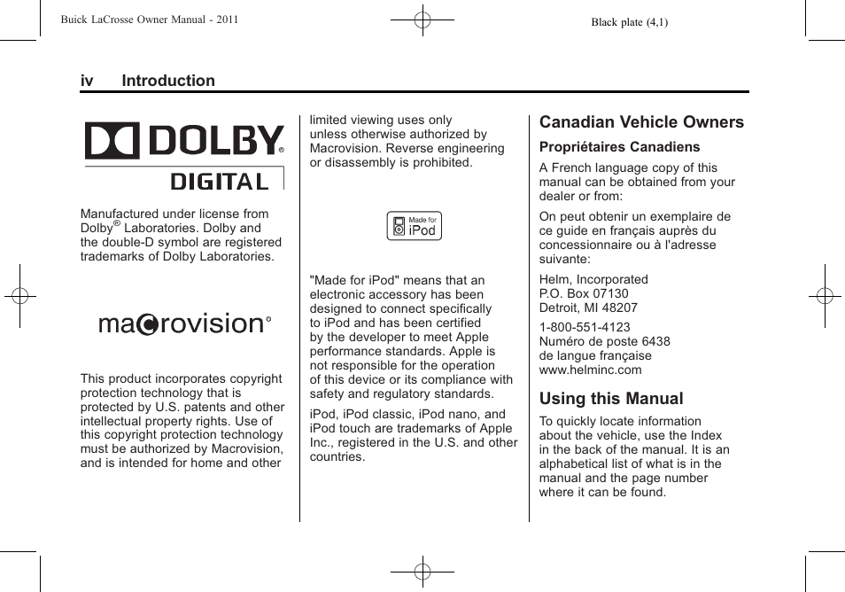 Canadian vehicle owners, Using this manual, Iv introduction | Buick 2011 Lacrosse User Manual | Page 4 / 462
