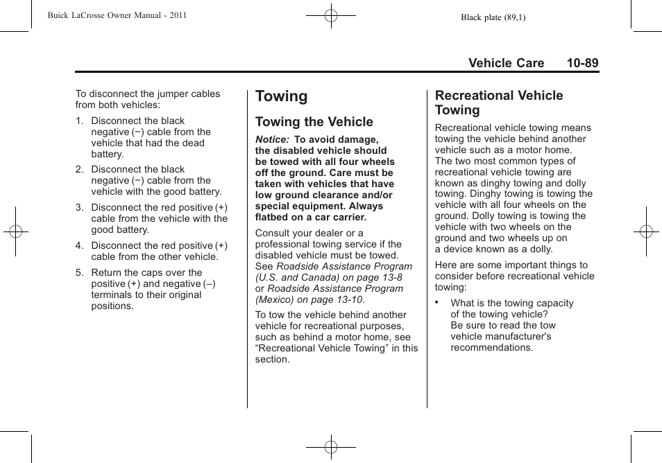 Towing, Towing the vehicle, Recreational vehicle towing | Towing -89, Privacy, Towing the vehicle -89 recreational vehicle | Buick 2011 Lacrosse User Manual | Page 401 / 462