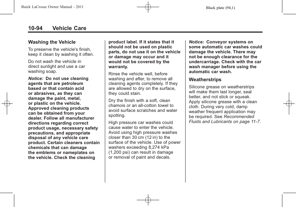 94 vehicle care | Buick 2011 Lacrosse User Manual | Page 406 / 462