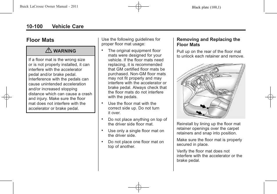 Floor mats, Mats -100, 100 vehicle care | Buick 2011 Lacrosse User Manual | Page 412 / 462