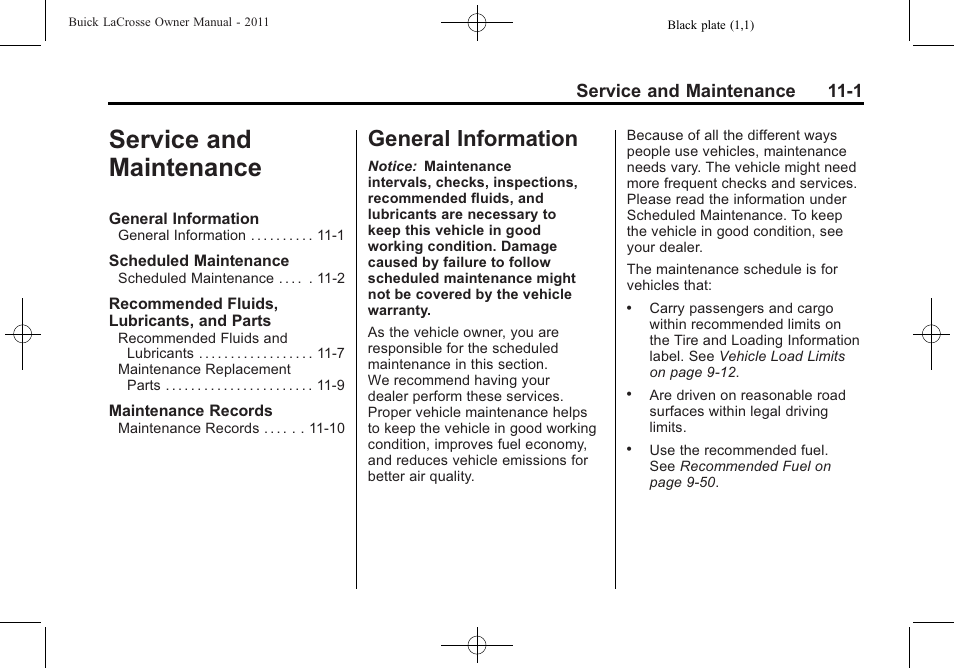 Service and maintenance, General information, Service and maintenance -1 | General information -1, Service and maintenance 11-1 | Buick 2011 Lacrosse User Manual | Page 413 / 462