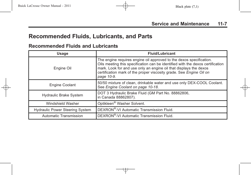 Recommended fluids, lubricants, and parts, Recommended fluids and lubricants, Recommended fluids | Lubricants, and parts -7, Recommended fluids and, Lubricants -7, Service and maintenance 11-7 | Buick 2011 Lacrosse User Manual | Page 419 / 462