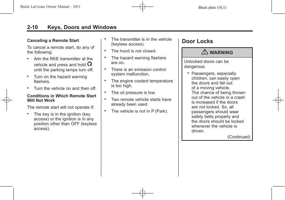 Door locks, Door locks -10, 10 keys, doors and windows | Buick 2011 Lacrosse User Manual | Page 42 / 462