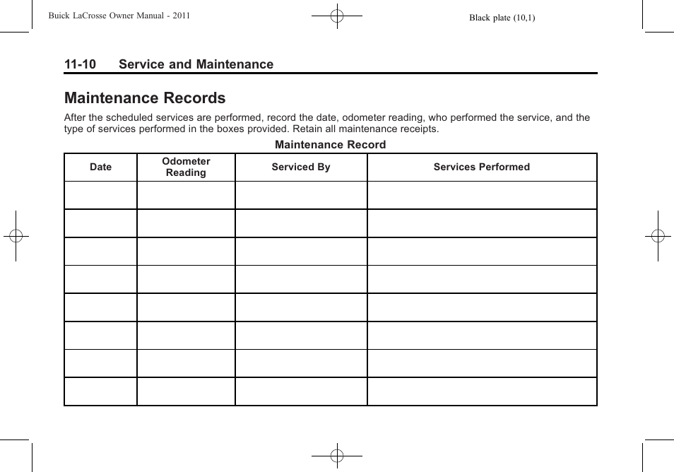 Maintenance records, Maintenance records -10 | Buick 2011 Lacrosse User Manual | Page 422 / 462