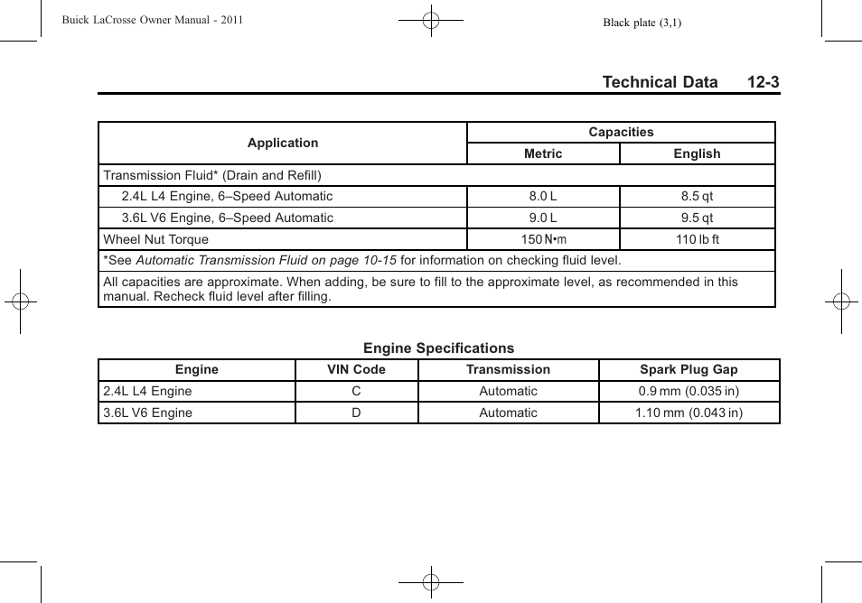 Technical data 12-3 | Buick 2011 Lacrosse User Manual | Page 427 / 462