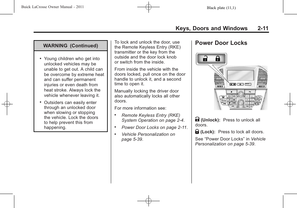 Power door locks, Power door locks on, Power door locks -11 | Power door locks k, Keys, doors and windows 2-11 | Buick 2011 Lacrosse User Manual | Page 43 / 462