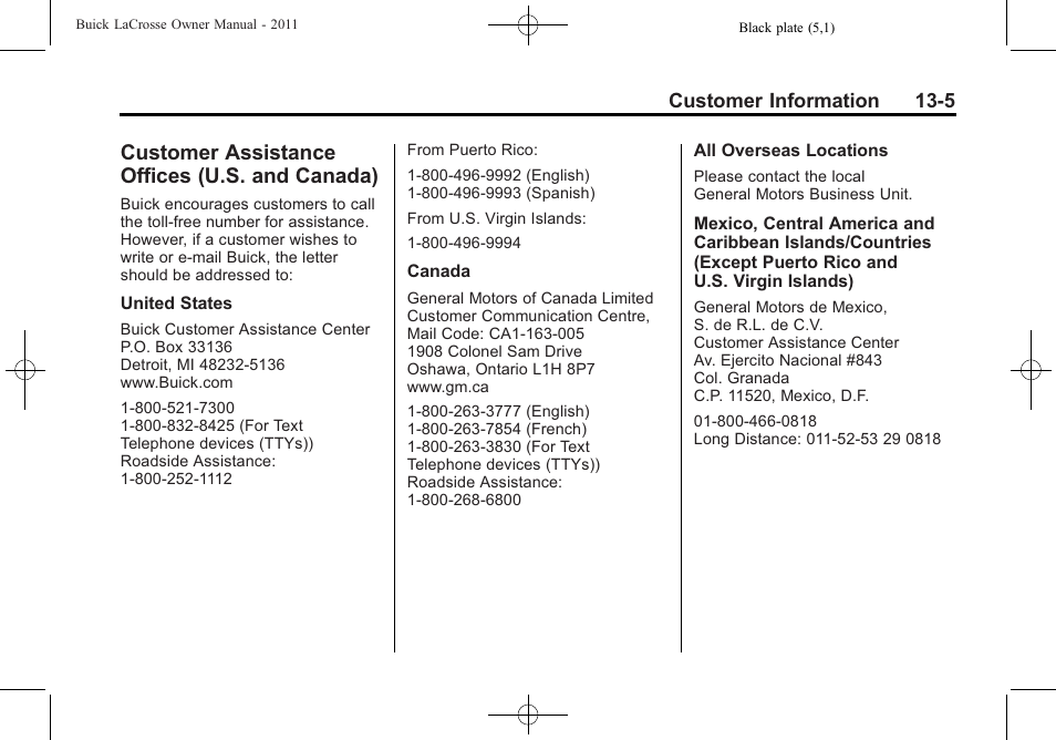 Customer assistance offices (u.s. and canada), Customer assistance offices, U.s. and canada) -5 | Buick 2011 Lacrosse User Manual | Page 433 / 462