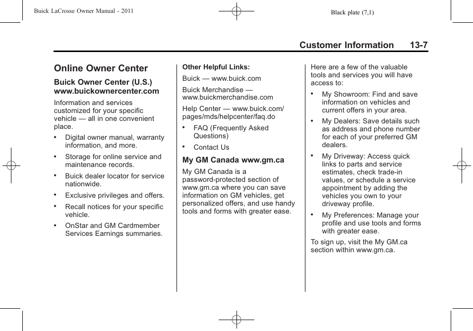 Online owner center, Online owner center -7, Privacy | Customer information 13-7 | Buick 2011 Lacrosse User Manual | Page 435 / 462