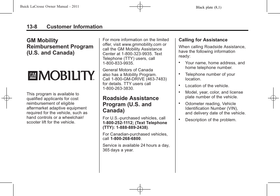 Roadside assistance program (u.s. and canada), Gm mobility reimbursement, Program (u.s. and canada) -8 | Roadside assistance program, U.s. and canada) -8, Navigation, 8 customer information | Buick 2011 Lacrosse User Manual | Page 436 / 462