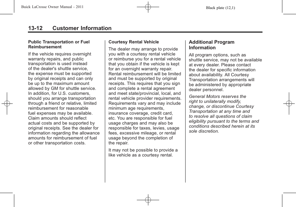 12 customer information | Buick 2011 Lacrosse User Manual | Page 440 / 462