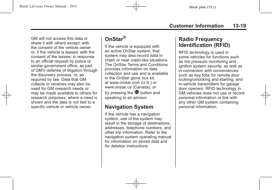 Onstar, Navigation system, Radio frequency identification (rfid) | System -19 radio frequency, Identification (rfid) -19 | Buick 2011 Lacrosse User Manual | Page 447 / 462