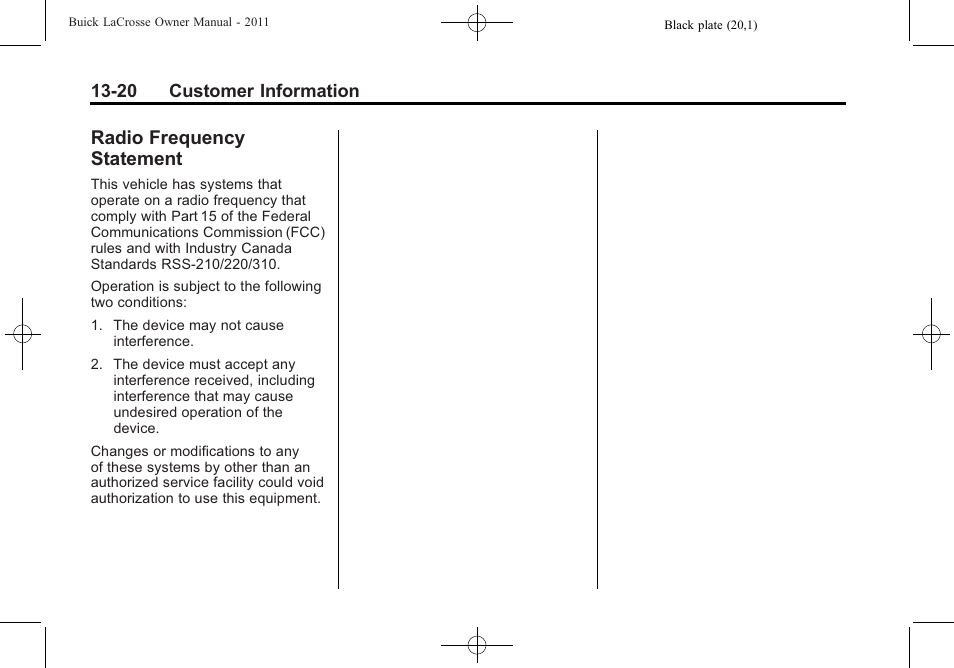 Radio frequency statement, Radio frequency, Statement -20 | Buick 2011 Lacrosse User Manual | Page 448 / 462