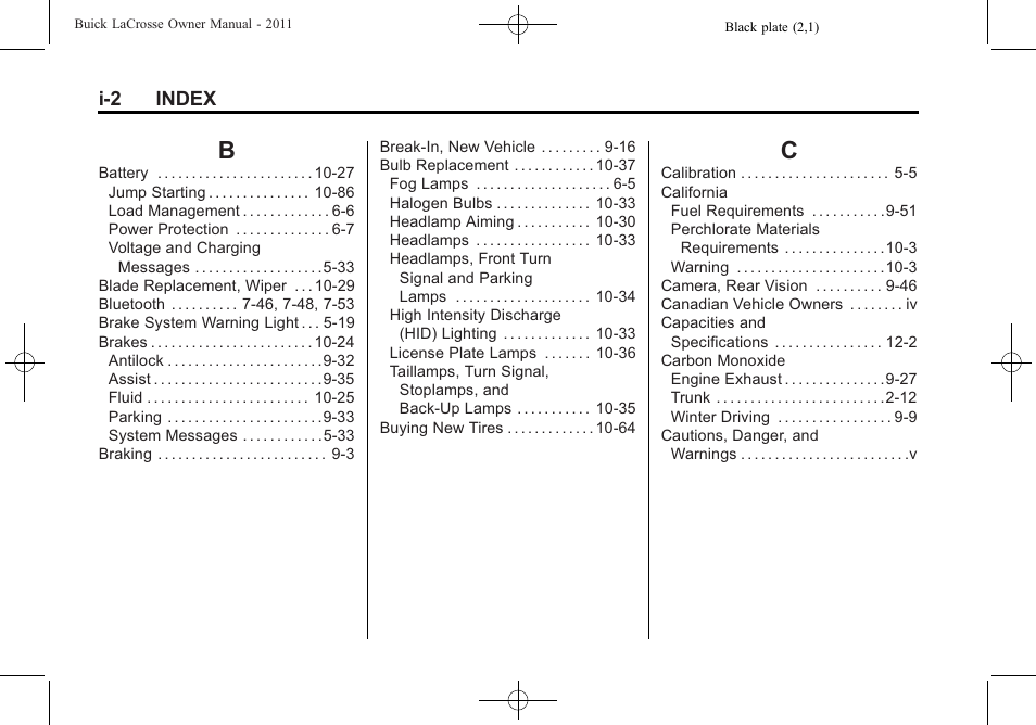 Index_b, Index_c | Buick 2011 Lacrosse User Manual | Page 450 / 462