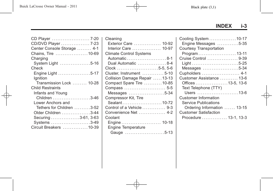 Index i-3 | Buick 2011 Lacrosse User Manual | Page 451 / 462