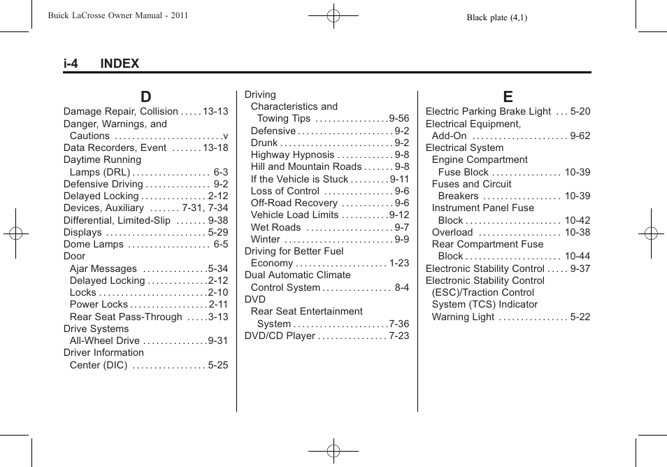 Index_d, Index_e, I-4 index | Buick 2011 Lacrosse User Manual | Page 452 / 462