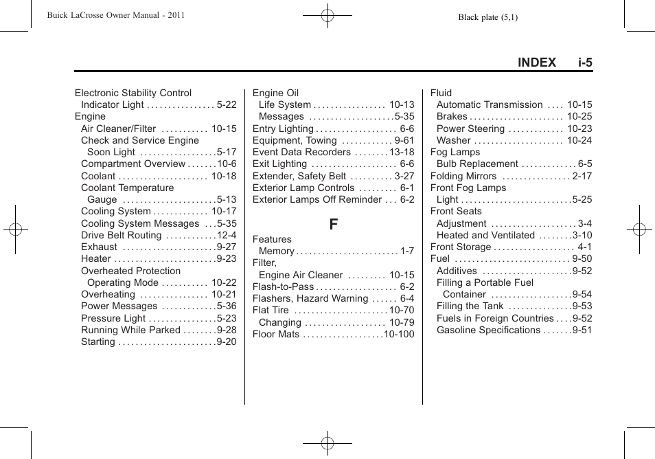 Index_f, Index i-5 | Buick 2011 Lacrosse User Manual | Page 453 / 462