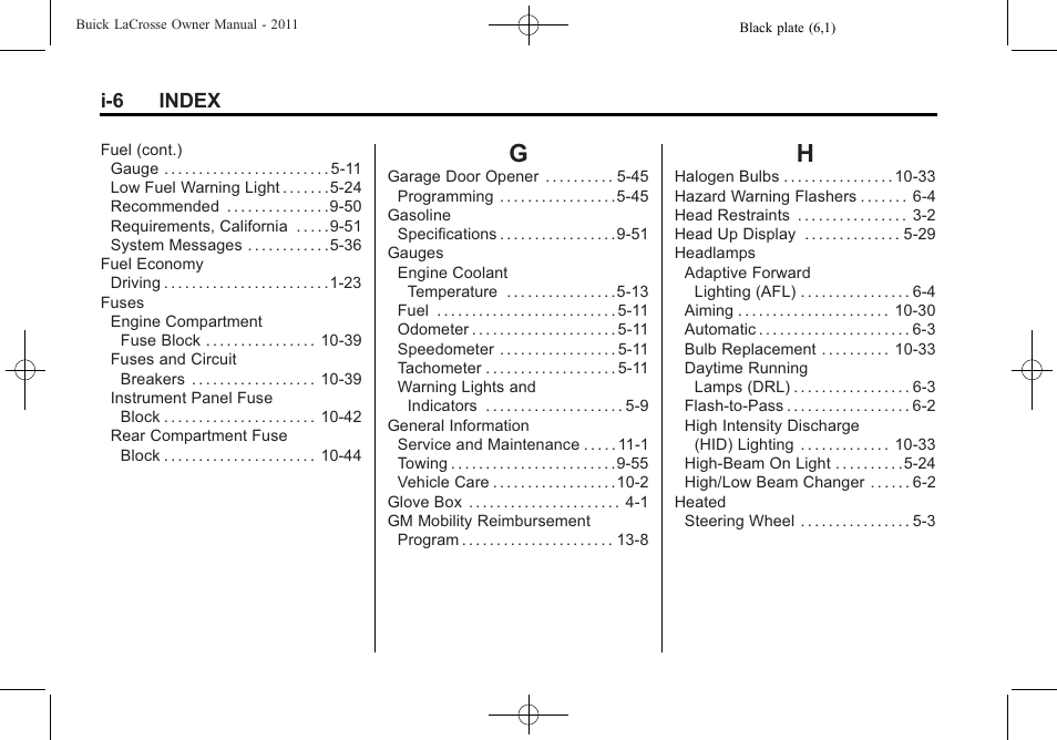 Index_g, Index_h, I-6 index | Buick 2011 Lacrosse User Manual | Page 454 / 462