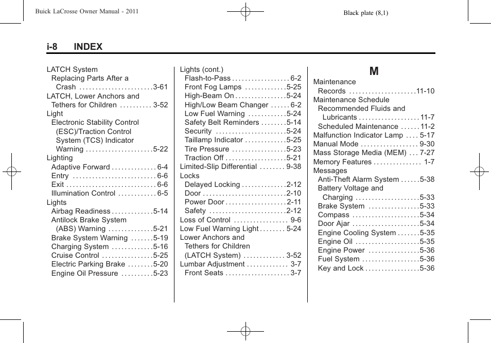 Index_m, I-8 index | Buick 2011 Lacrosse User Manual | Page 456 / 462