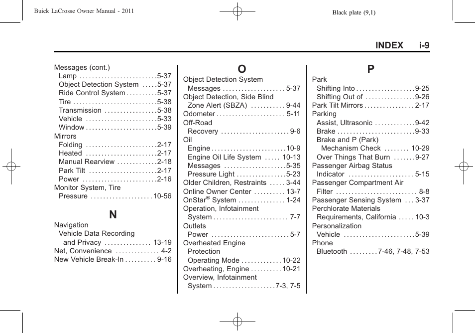 Index_n, Index_o, Index_p | Index i-9 | Buick 2011 Lacrosse User Manual | Page 457 / 462