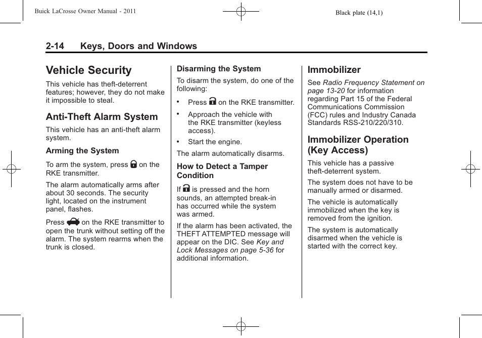 Vehicle security, Anti-theft alarm system, Immobilizer | Immobilizer operation (key access), Vehicle security -14, Vehicle personalization, Key access) -14, Power | Buick 2011 Lacrosse User Manual | Page 46 / 462