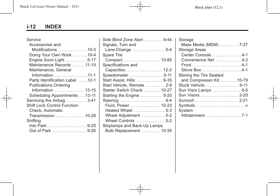 I-12 index | Buick 2011 Lacrosse User Manual | Page 460 / 462