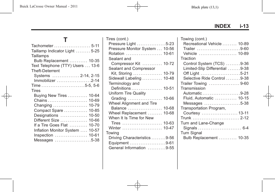 Index_t, Index i-13 | Buick 2011 Lacrosse User Manual | Page 461 / 462