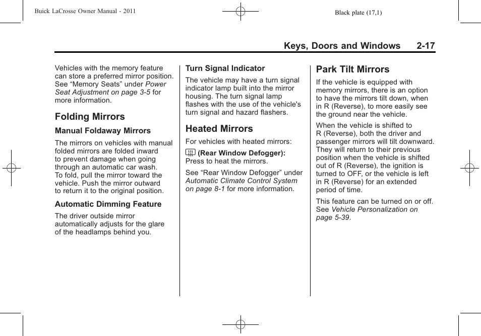 Folding mirrors, Heated mirrors, Park tilt mirrors | Buick 2011 Lacrosse User Manual | Page 49 / 462