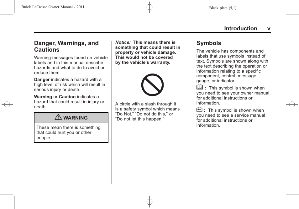 Danger, warnings, and cautions, Symbols | Buick 2011 Lacrosse User Manual | Page 5 / 462