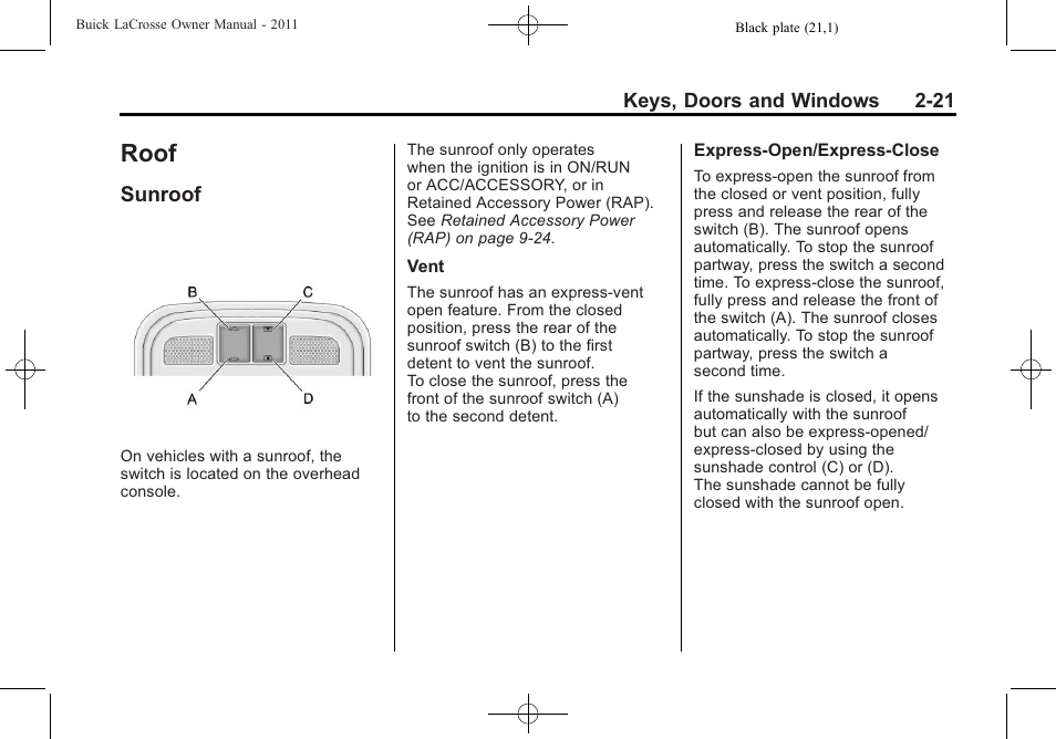 Roof, Sunroof, Roof -21 | Sunroof -21 | Buick 2011 Lacrosse User Manual | Page 53 / 462