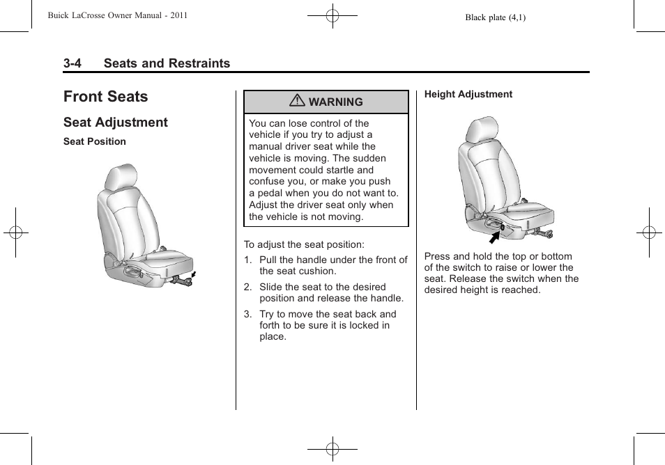 Front seats, Seat adjustment, Front seats -4 | Seat adjustment -4 | Buick 2011 Lacrosse User Manual | Page 58 / 462