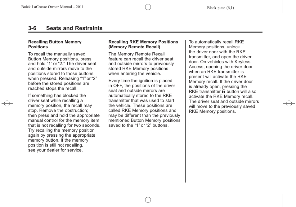 6 seats and restraints | Buick 2011 Lacrosse User Manual | Page 60 / 462