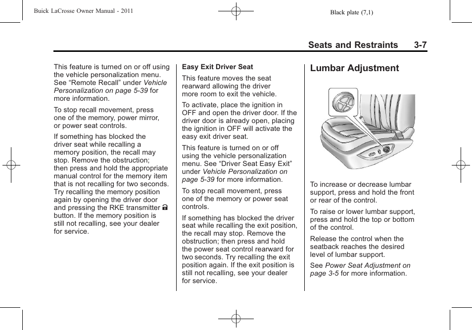 Lumbar adjustment, Lumbar adjustment -7, Seats and restraints 3-7 | Buick 2011 Lacrosse User Manual | Page 61 / 462