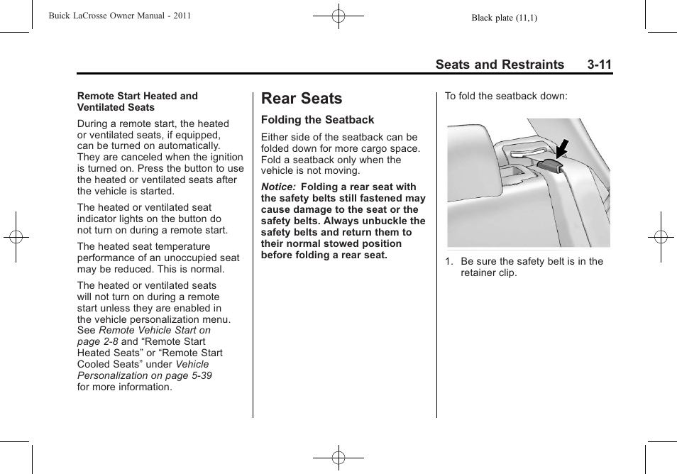 Rear seats, Rear seats -11, Airbag | Buick 2011 Lacrosse User Manual | Page 65 / 462