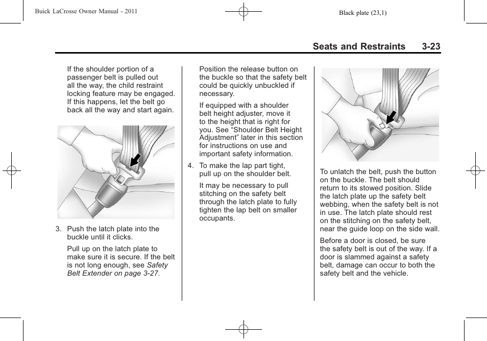 Seats and restraints 3-23 | Buick 2011 Lacrosse User Manual | Page 77 / 462