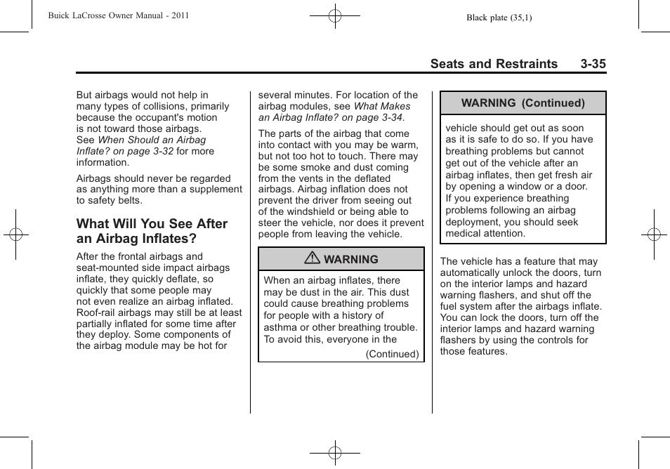 What will you see after an airbag inflates, Will you see after an, Airbag inflates? -35 | Buick 2011 Lacrosse User Manual | Page 89 / 462