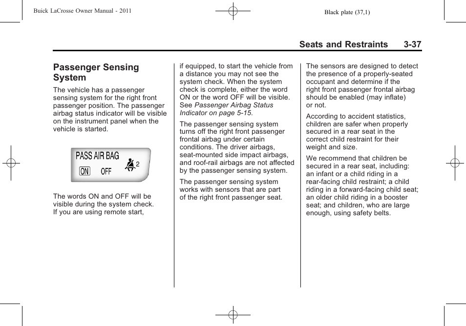 Passenger sensing system, Passenger sensing, System -37 | Buick 2011 Lacrosse User Manual | Page 91 / 462