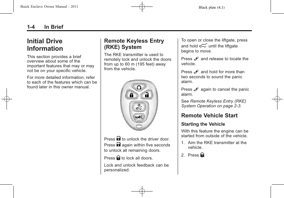 Initial drive information, Remote keyless entry (rke) system, Remote vehicle start | Initial drive information -4, Front seats -3, Interior lighting, System -4, Remote vehicle start -4, Vehicle | Buick 2011 Enclave User Manual | Page 10 / 434