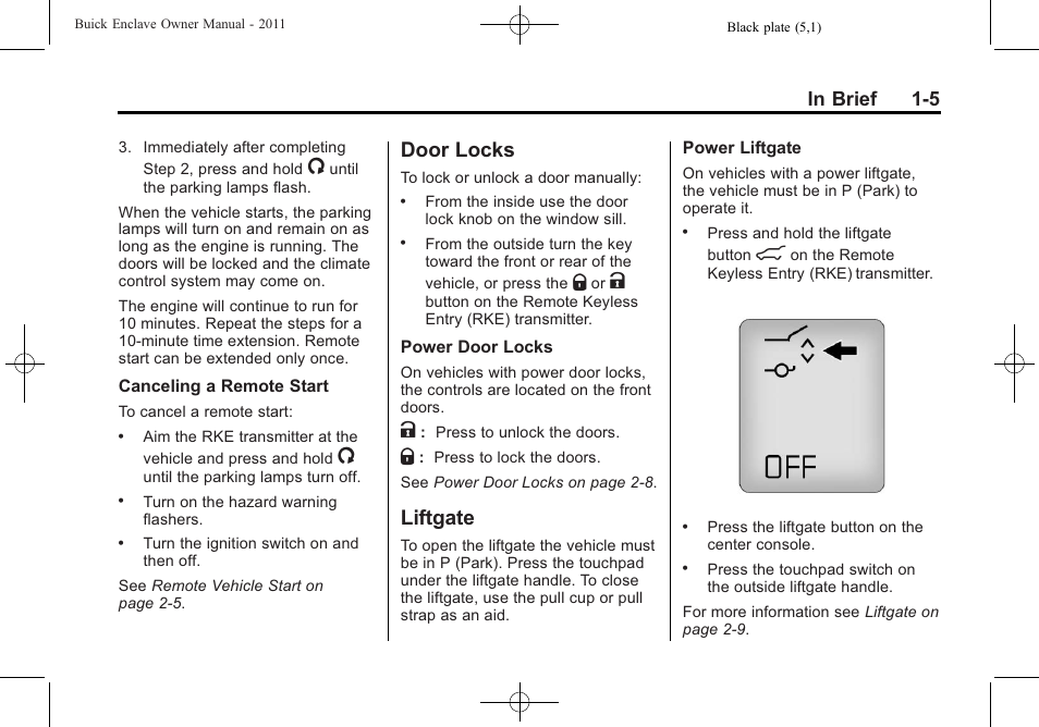 Door locks, Liftgate, Door locks -5 liftgate -5 | Buick 2011 Enclave User Manual | Page 11 / 434