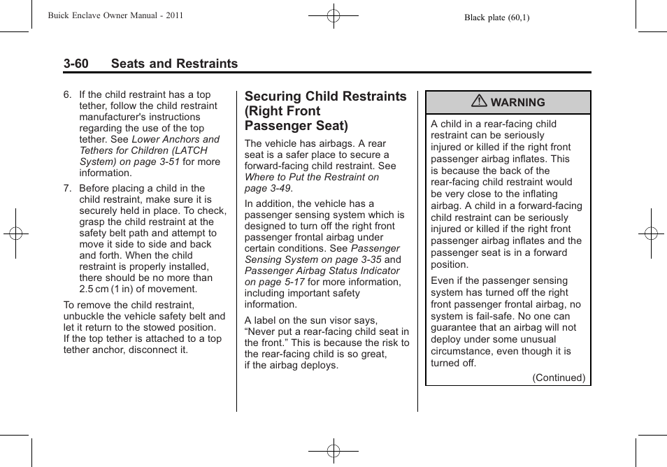 Securing child restraints, Right front passenger seat) -60 | Buick 2011 Enclave User Manual | Page 110 / 434