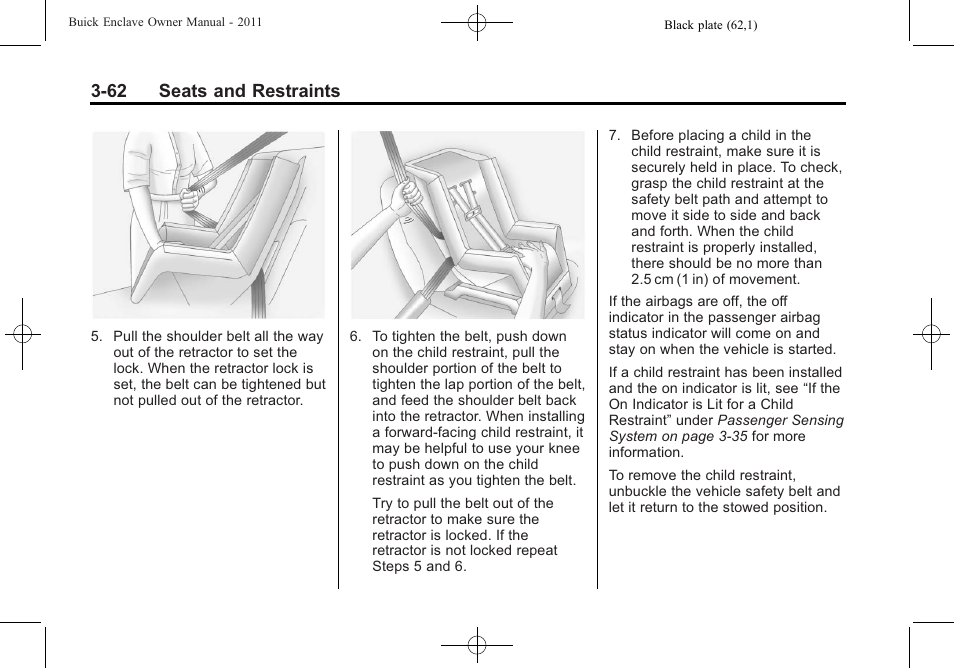 62 seats and restraints | Buick 2011 Enclave User Manual | Page 112 / 434