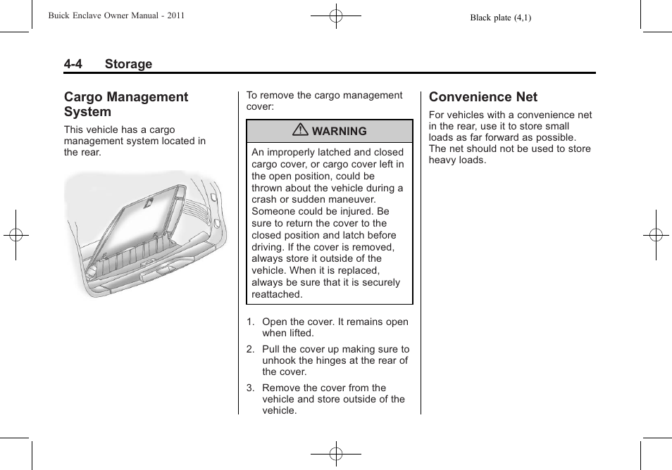 Cargo management system, Convenience net, Cargo management | System -4, Convenience net -4 | Buick 2011 Enclave User Manual | Page 116 / 434