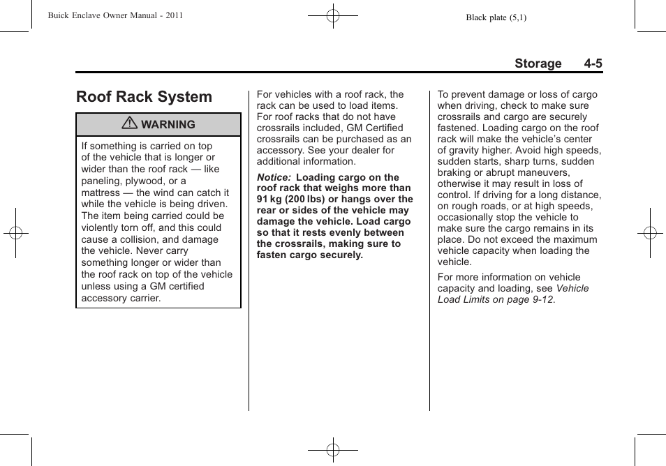Roof rack system, System -5, Roof rack system -5 | Buick 2011 Enclave User Manual | Page 117 / 434