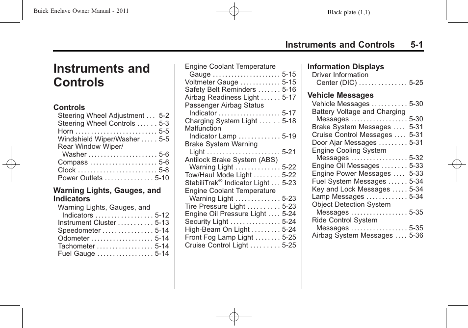 Instruments and controls, Instruments and controls -1, Instruments and controls 5-1 | Buick 2011 Enclave User Manual | Page 119 / 434