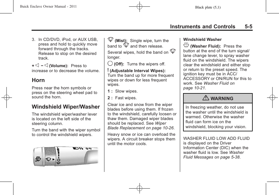 Horn, Windshield wiper/washer, Horn -5 windshield wiper/washer -5 | Buick 2011 Enclave User Manual | Page 123 / 434