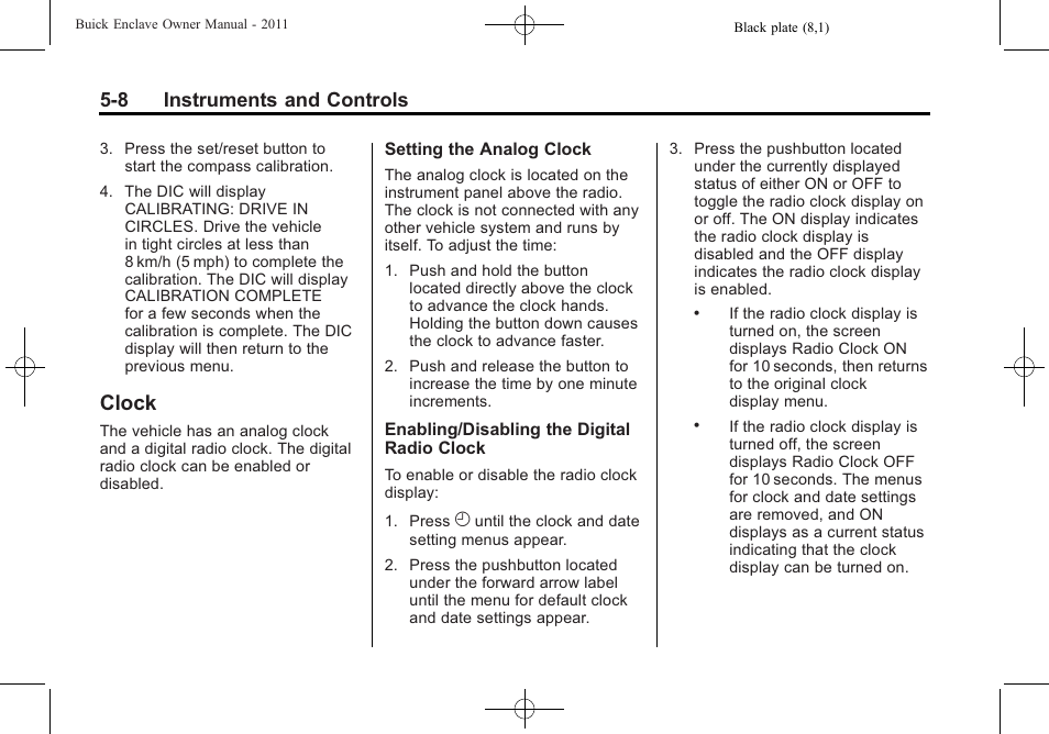Clock, Clock -8, 8 instruments and controls | Buick 2011 Enclave User Manual | Page 126 / 434