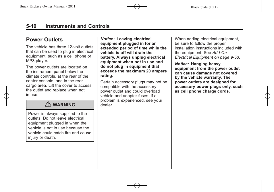Power outlets, Power outlets -10 | Buick 2011 Enclave User Manual | Page 128 / 434