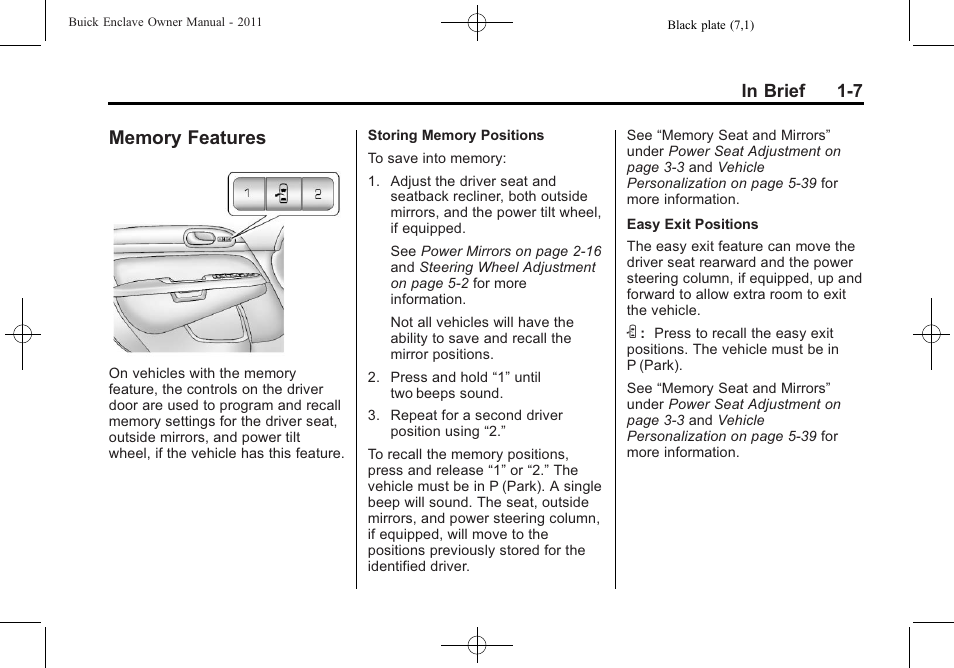 Memory features, Memory features -7 | Buick 2011 Enclave User Manual | Page 13 / 434