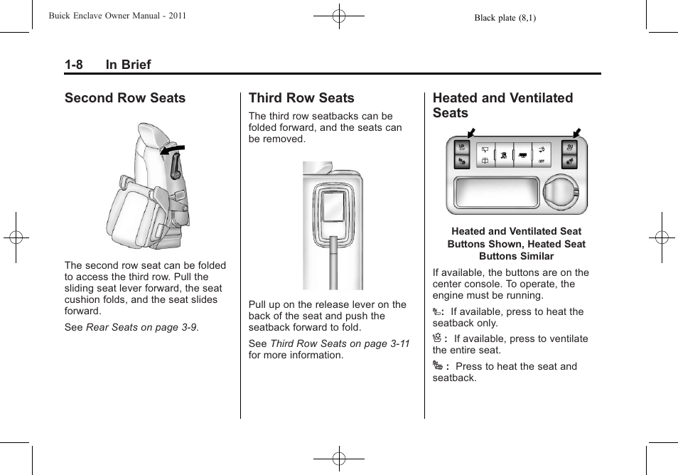 Second row seats, Third row seats, Heated and ventilated seats | Seats -8 | Buick 2011 Enclave User Manual | Page 14 / 434